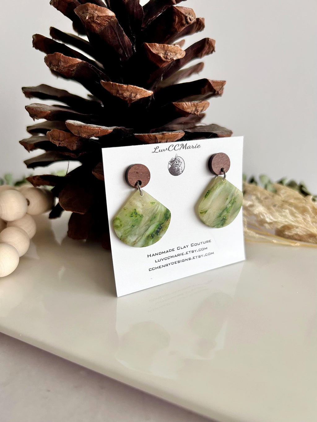 Moss Green Drop Earrings, Olive Army Clay and Wood Lightweight Dangles, Handmade Jewelry Gift