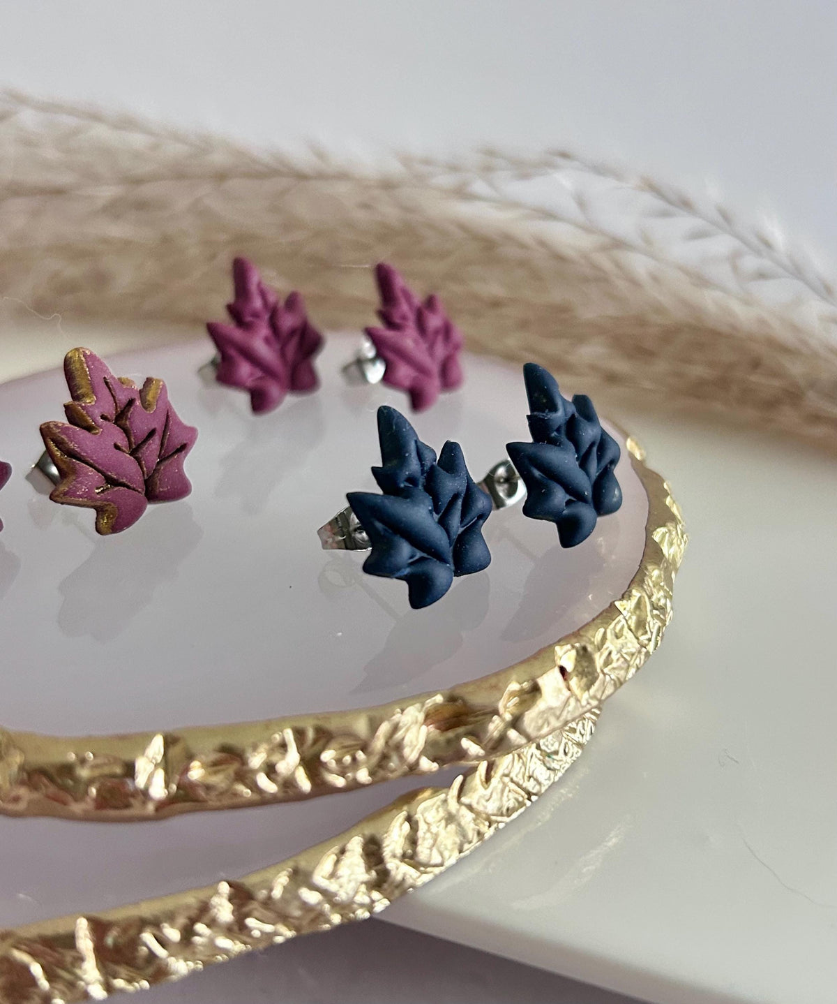 Navy Blue & Dark Burgundy Maple Leaf Stud Earrings, Hypoallergenic Post Fall Jewelry