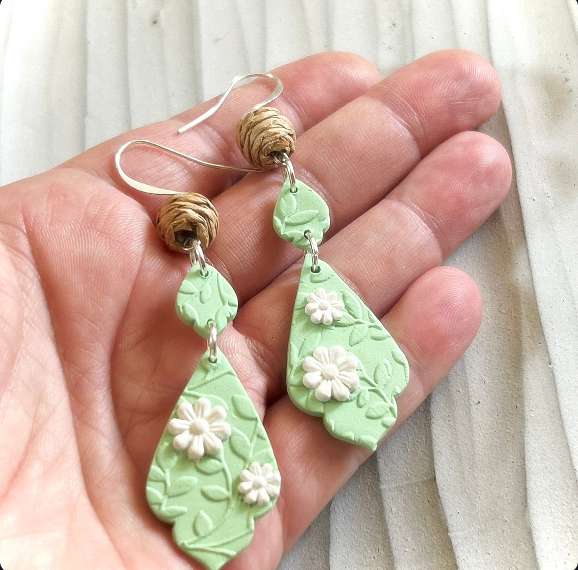 Green and White Daisy Earrings, Clay Drop Long Dangles, Handmade Floral Flower Jewelry