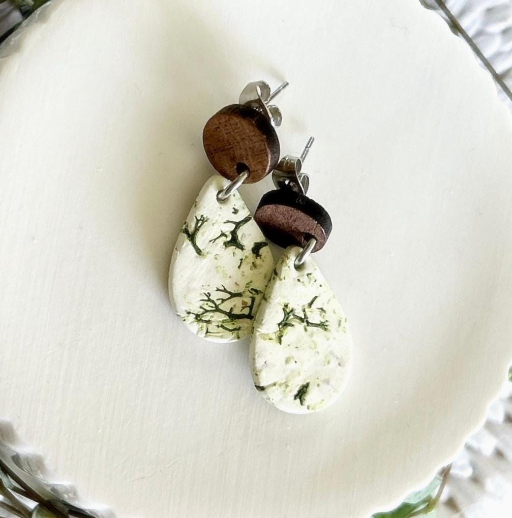 Nature Inspired Moss Earrings, Clay and Wood Drop Dangles, White and Green Lightweight Jewelry