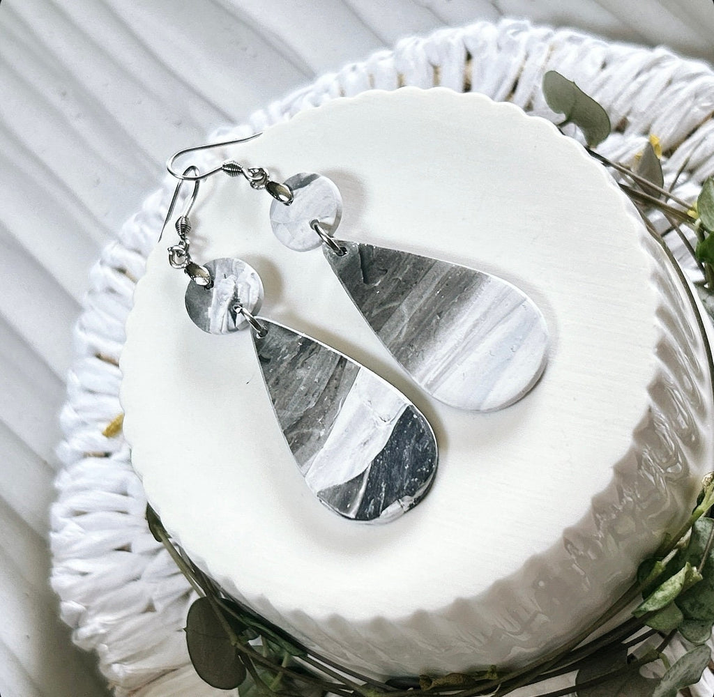 Black and White Marbled Earrings, Stainless Steel Clay Dangles, Boho Jewelry