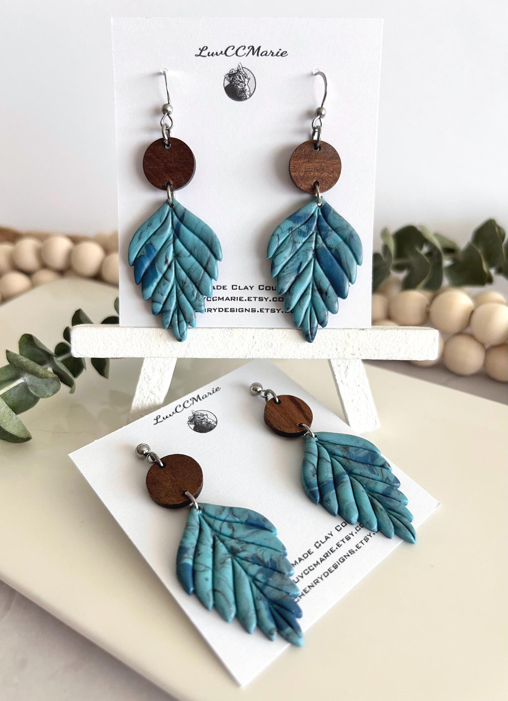 Patina Blue and Brown Leaf Earrings, Walnut Wood Clay Dangles, Long Lightweight Boho Jewelry