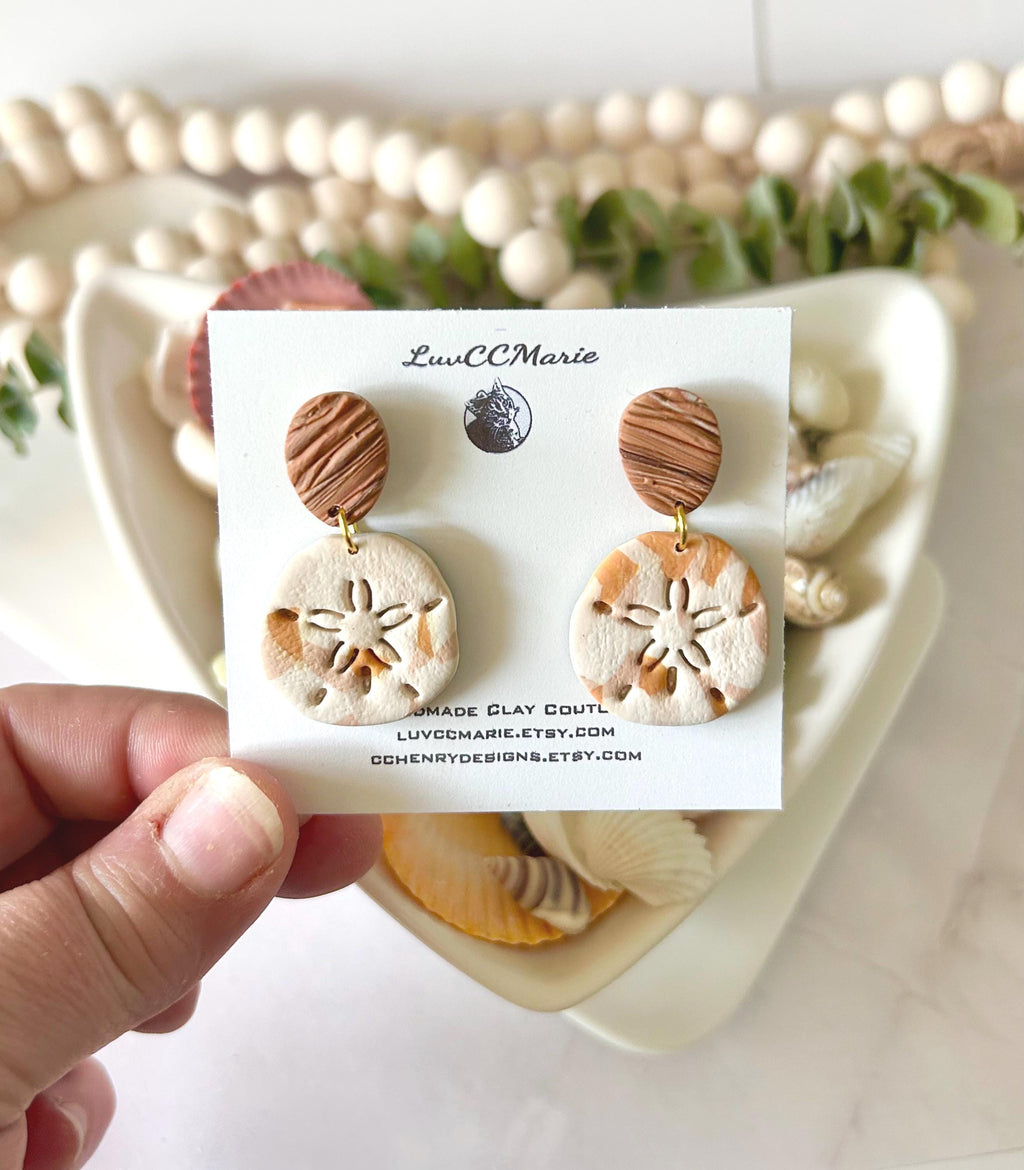Sand Dollar Beach Earrings, Terracotta White Seashell Dangles, Handmade Clay Coastal Vacation Jewelry Gift