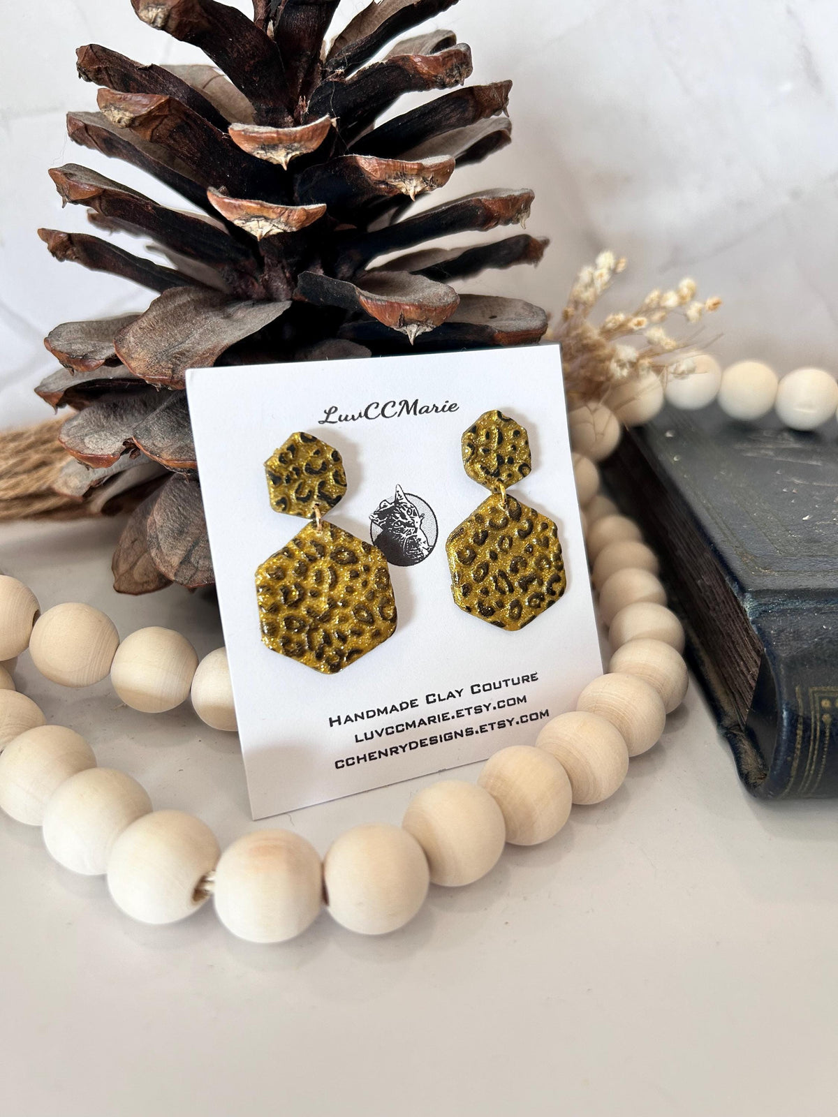 Handmade Clay Leopard Print Hexagon Earrings, Gold Geometric Stud Dangles, Lightweight Statement Boho Jewelry
