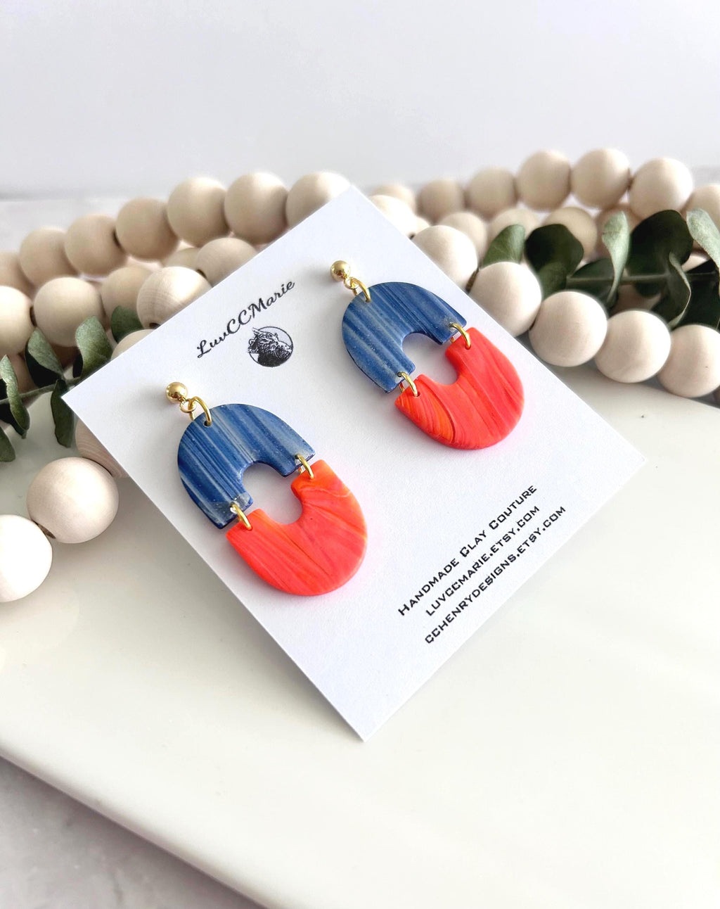 Orange Navy Blue Dangles, Marbled Coral Clay Long Bright Earrings, Neon Summer Drop Handmade