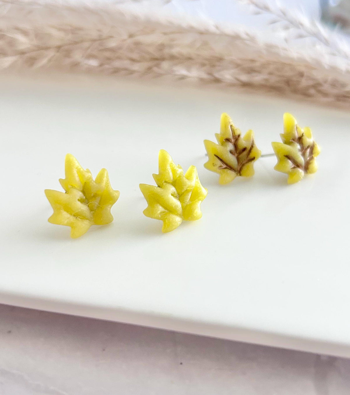 Clay Stud Earrings, Maple Leaf Fall Studs, Chartreuse Green, Hypoallergenic Surgical Posts