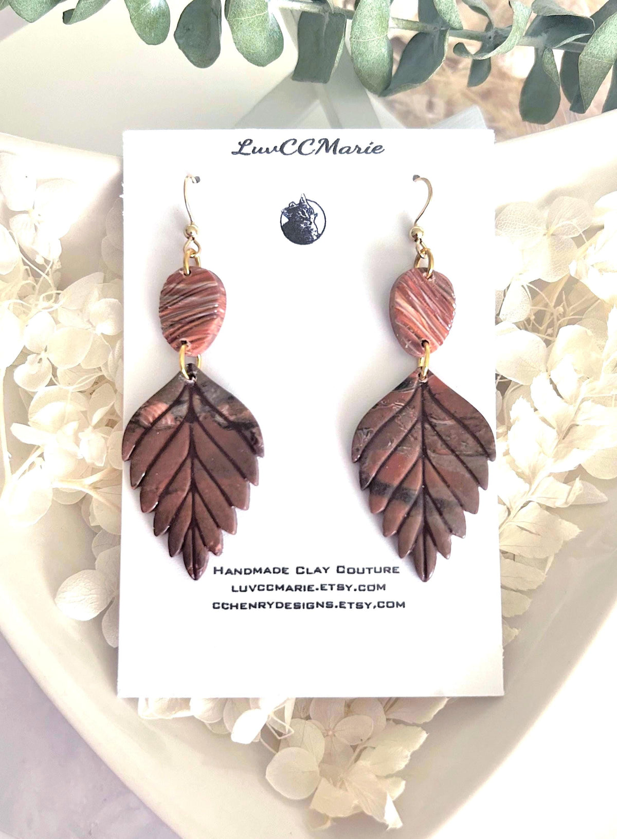 Brown Fall Leaf Earrings, Marbled Dangles, Handmade Clay Autumn Jewelry