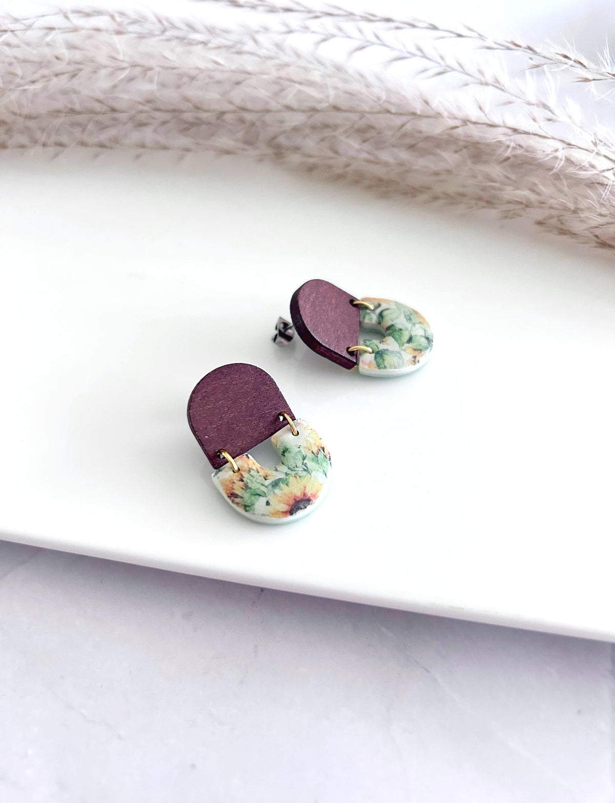 Autumn Sunflower Clay & Wood Arch Earrings, Fall Floral Dangles, Handmade Lightweight Botanical Jewelry