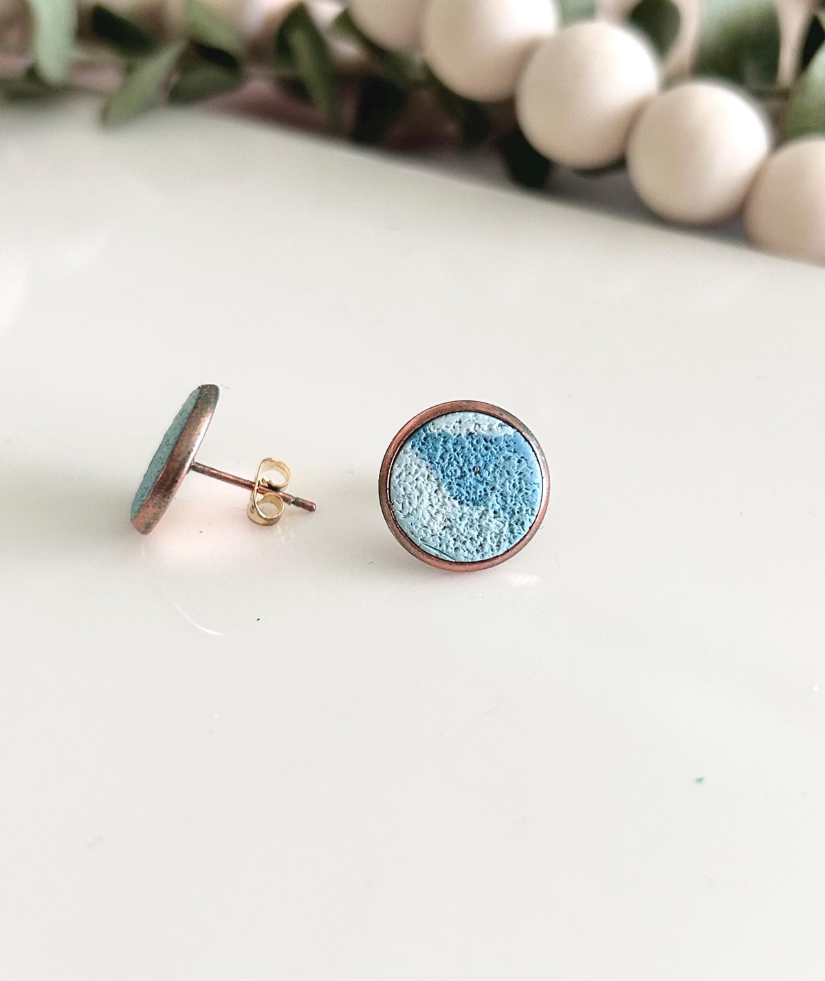 Beige and Blue Terrazzo Clay Stud Earrings Set, Beachy Coastal Vacation Studs, Handmade Jewelry