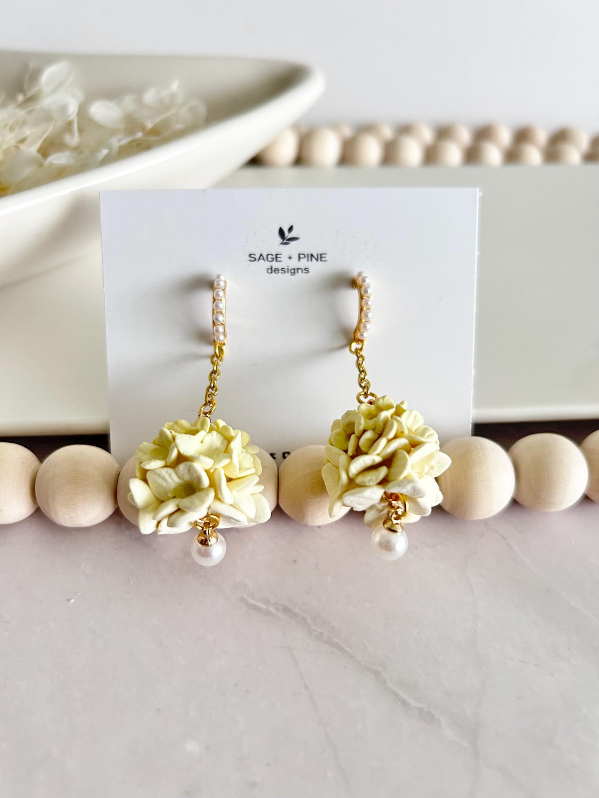 Hydrangea Earrings, Flower Cluster Clay Dangles, Pearl Chain Pastel Floral Drop Unique Wedding Jewelry