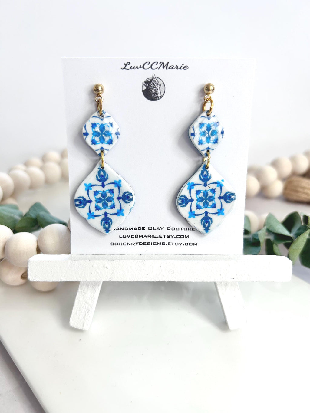 Cobalt Blue Vase Santorini Blue Earrings, Mediterranean Tile Greek Dangles, Handmade Boho Clay Jewelry