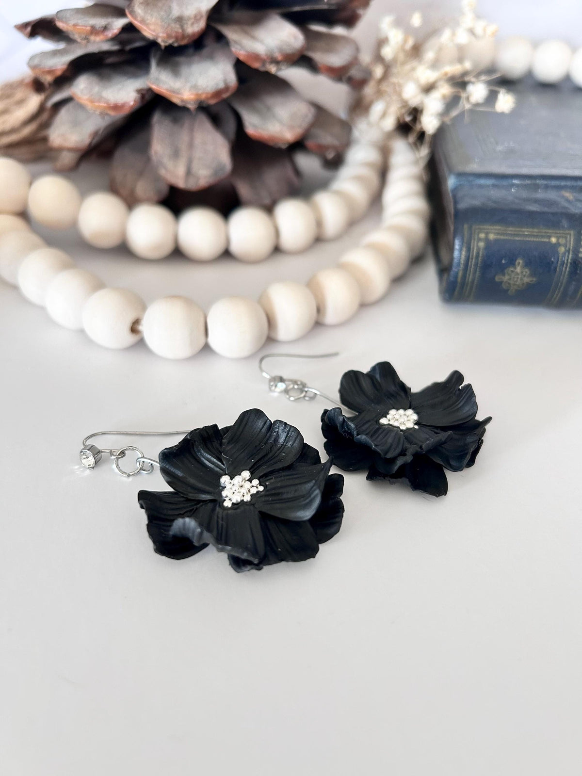 Black Dangle Flower Earrings, Big Floral Drop Dangles, Silver Rhinestone Unique Statement Jewelry Gift
