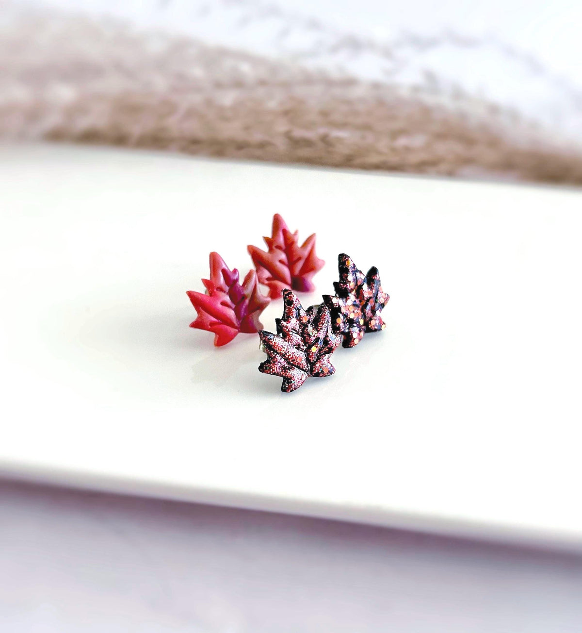 Red Maple Fall Leaf Stud Earrings, Glitter Clay Studs Set, Fire Sparkly Handmade Post