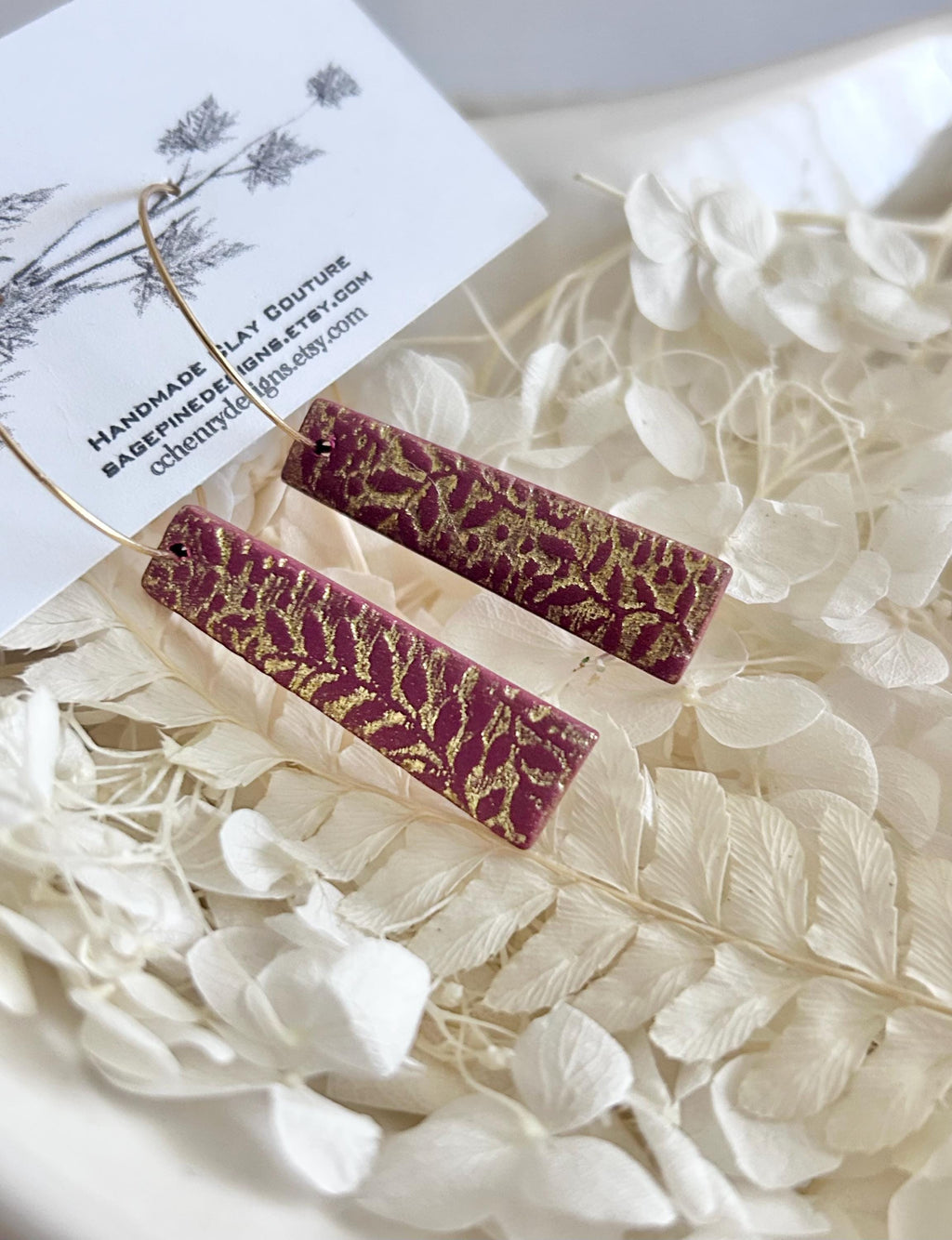 Gold & Burgundy Clay Earrings, Floral Vine Embossed Dangles, Handmade Fashion Boho Jewelry