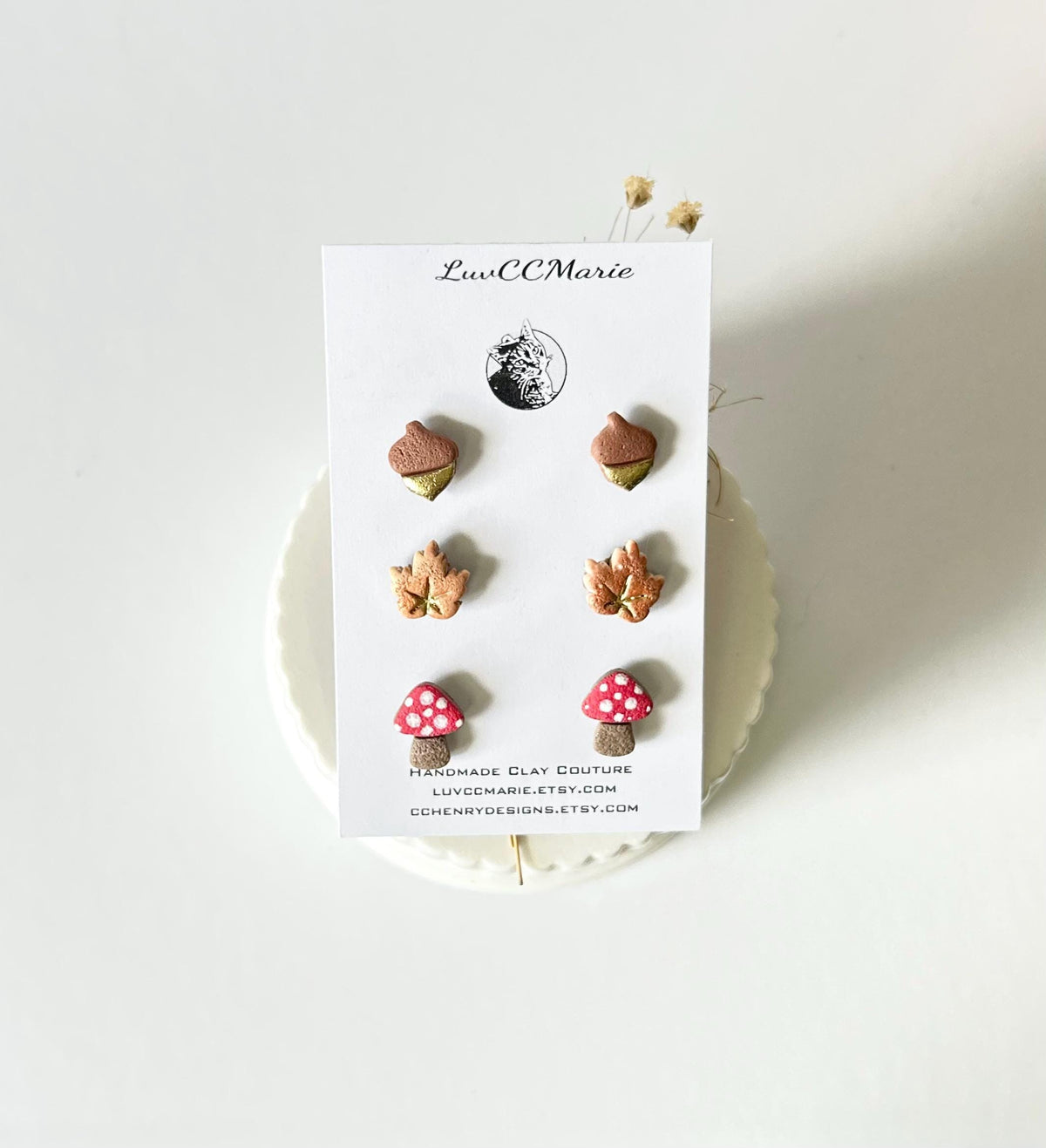 Clay Stud Earrings Set, Acorn, Fox, Maple Leaf, Mushroom, Toadstool, Handmade Fashion Fall Jewelry