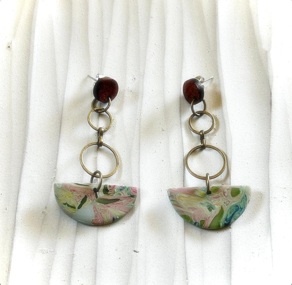 Pink and Olive Dangle Earrings, Extra Long Boho Dangles, Bronze, Clay & Wood