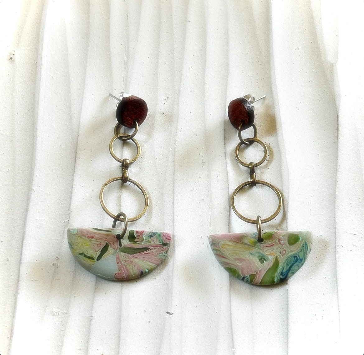 Pink and Olive Dangle Earrings, Extra Long Boho Dangles, Bronze, Clay & Wood