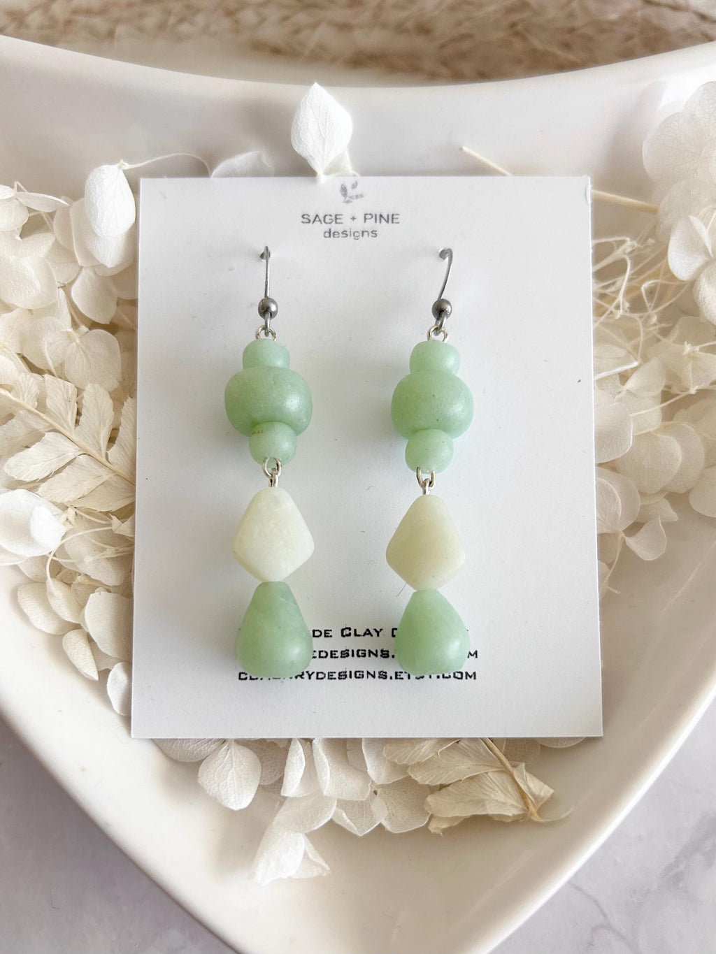 Jade Mint Beaded Dangles, Clay Drop Long Earrings, Light Green Modern Unique Handmade Jewelry