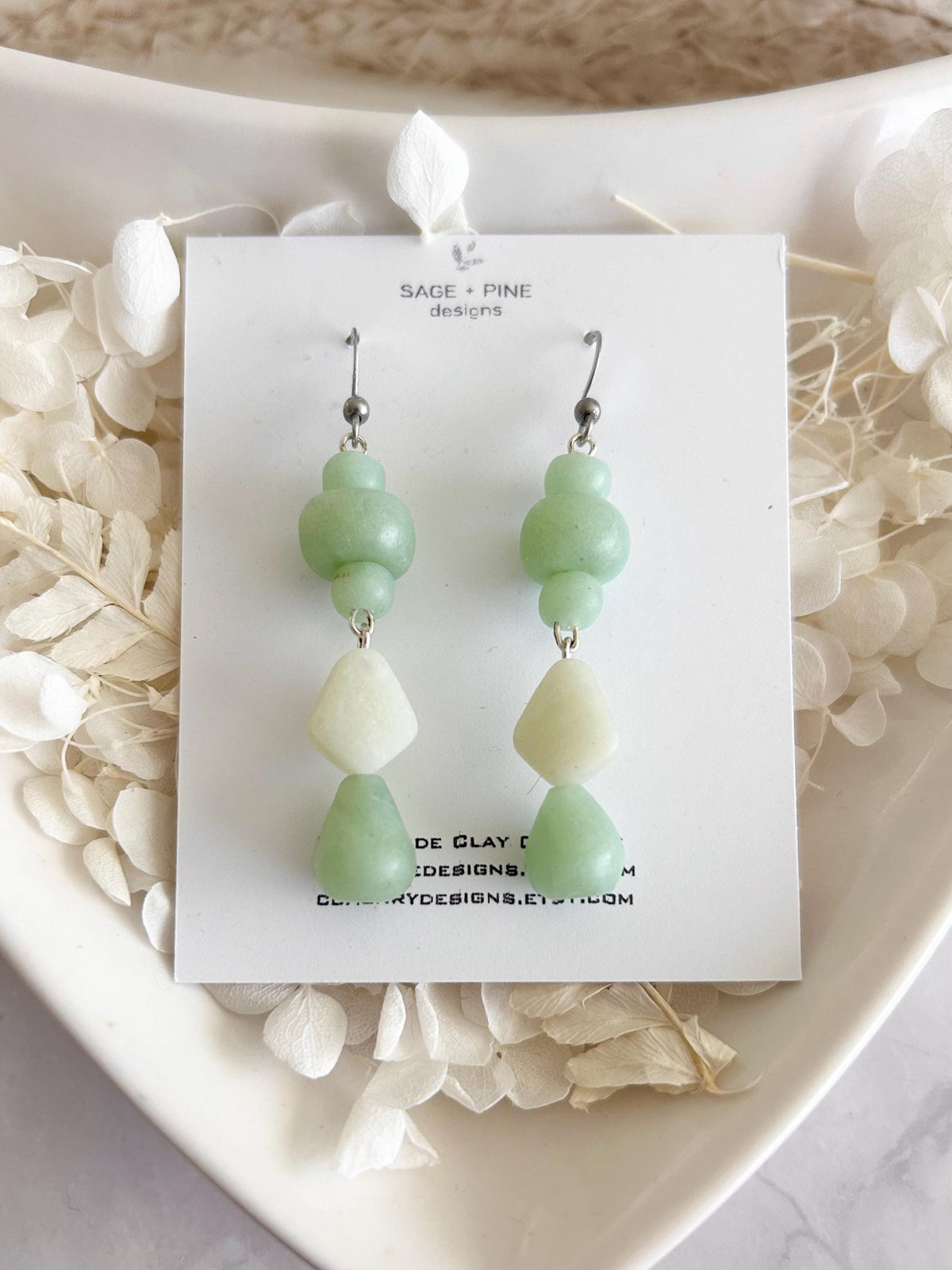 Jade Mint Beaded Dangles, Clay Drop Long Earrings, Light Green Modern Unique Handmade Jewelry