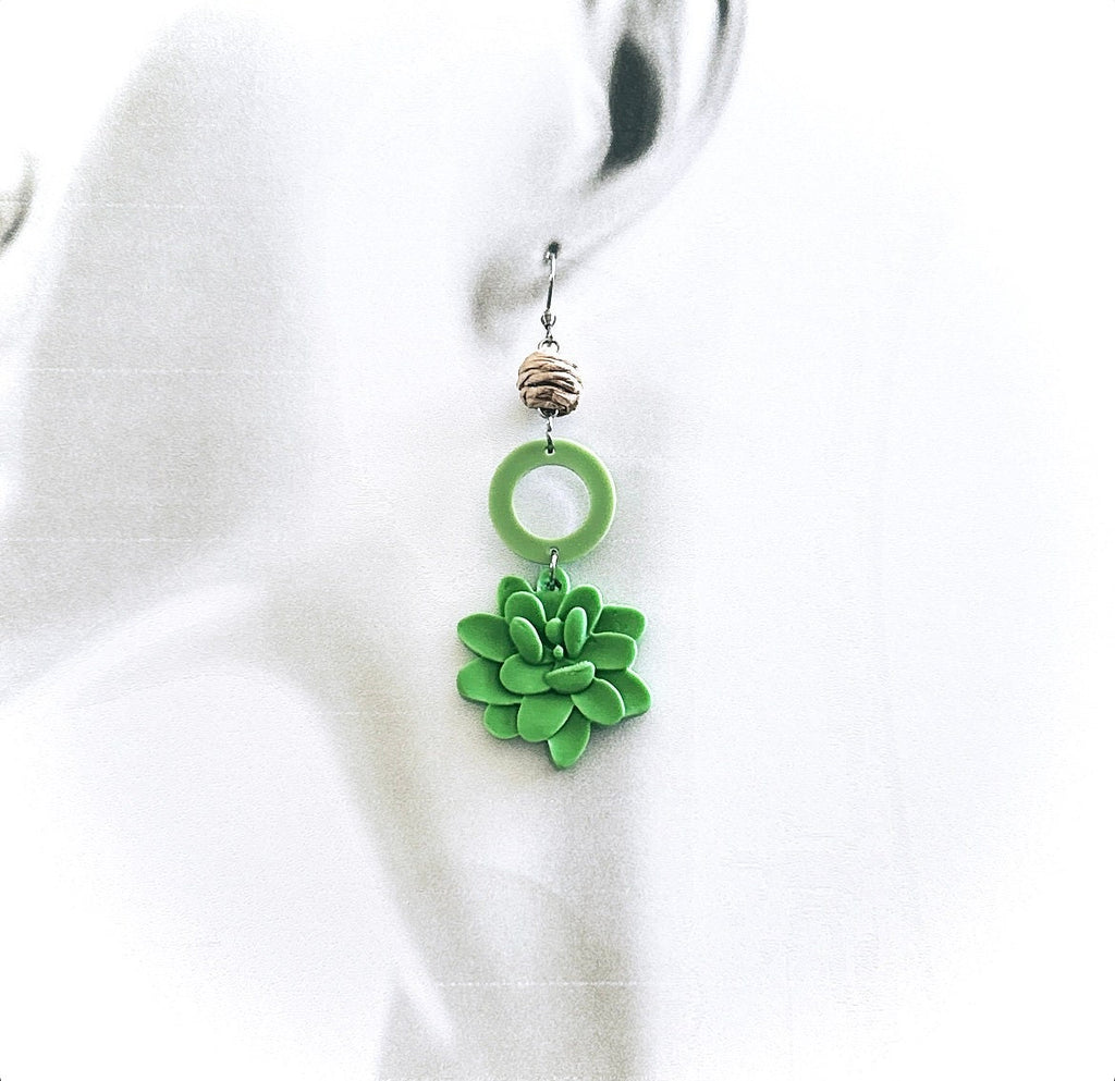 Handmade Clay Succulent Dangle Earrings, Green and Brown Raffia Dangles, Long Lightweight Boho Jewelry