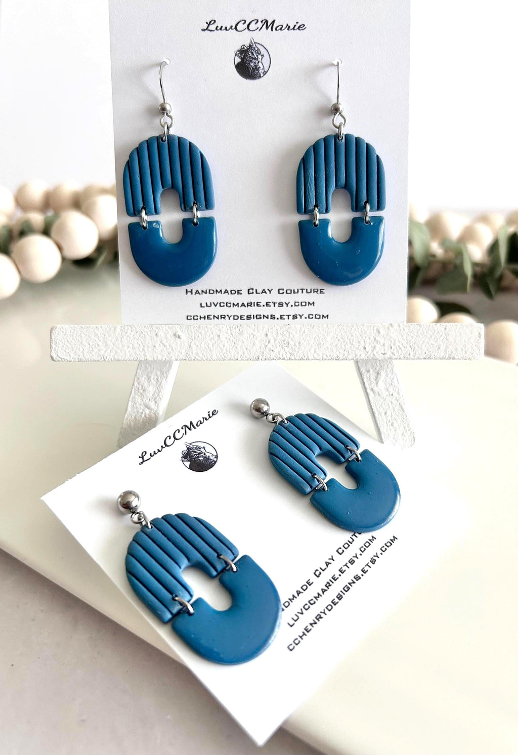 Teal Blue Modern Geometric Stripe Minimal Dangle Earrings, Clay Arch Drop Dangles, Handmade Jewelry