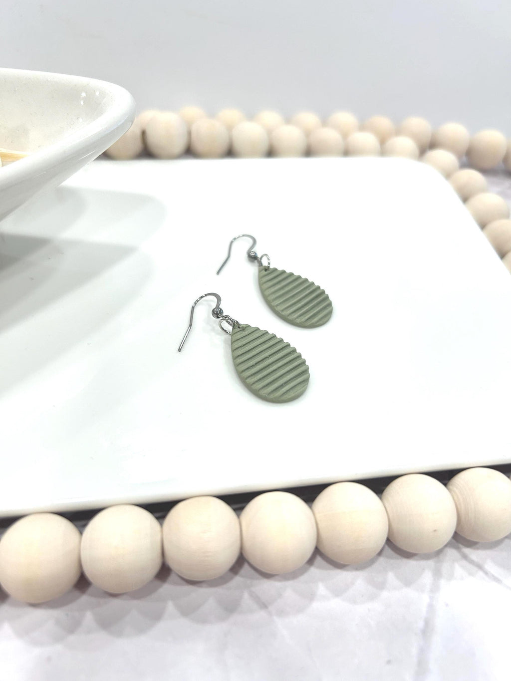 Sage Green Clay Earrings: Boho Teardrop Post Dangles, Stainless Steel Hypoallergenic Studs