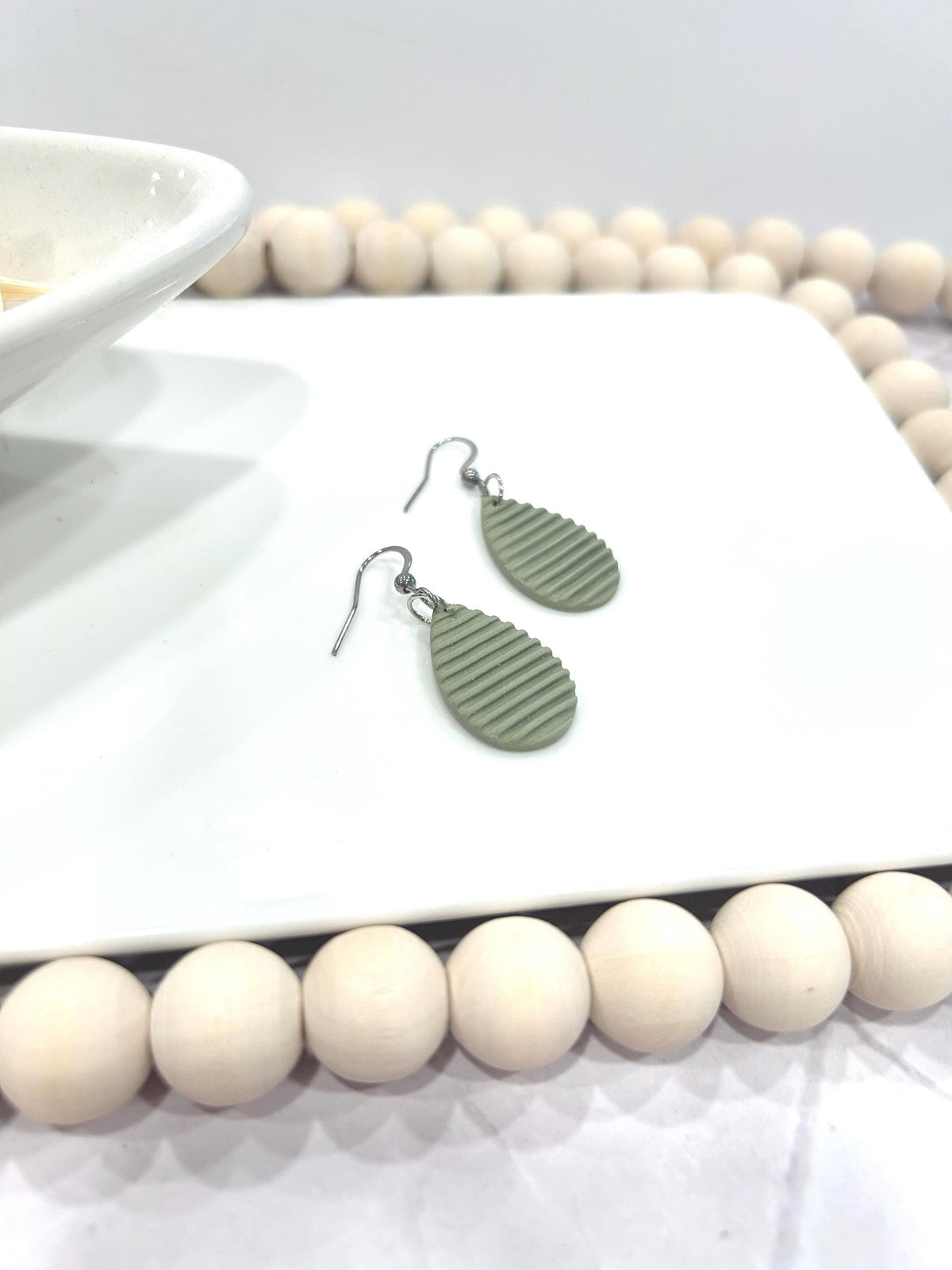 Sage Green Clay Earrings: Boho Teardrop Post Dangles, Stainless Steel Hypoallergenic Studs