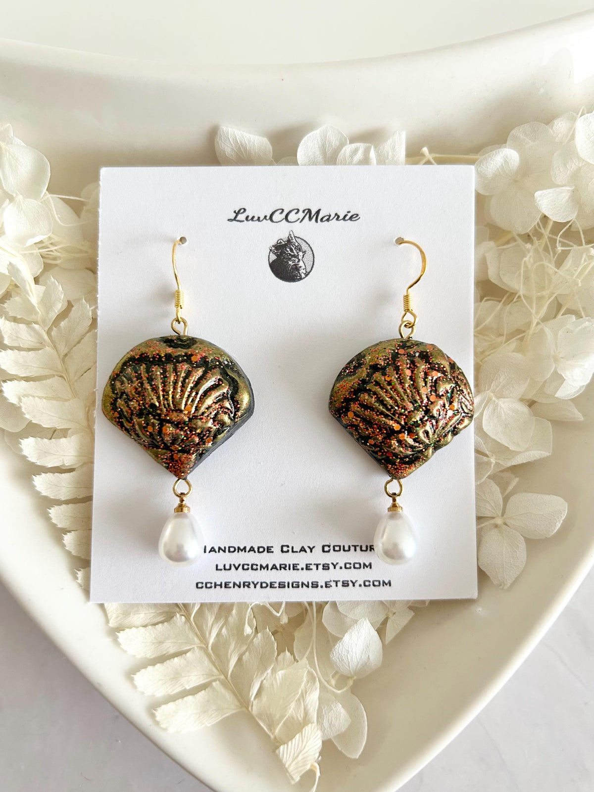 California Poppy Flower Clay Earrings, Abstract Floral Pearl Dangles, Handmade Jewelry Gift for Her