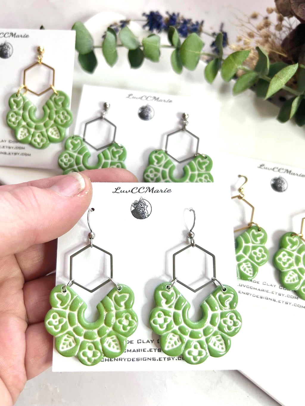 Green Large Earrings with Leaves, Handmade Hoop Long Hanging Modern Drops, Fall Leaf Jewelry