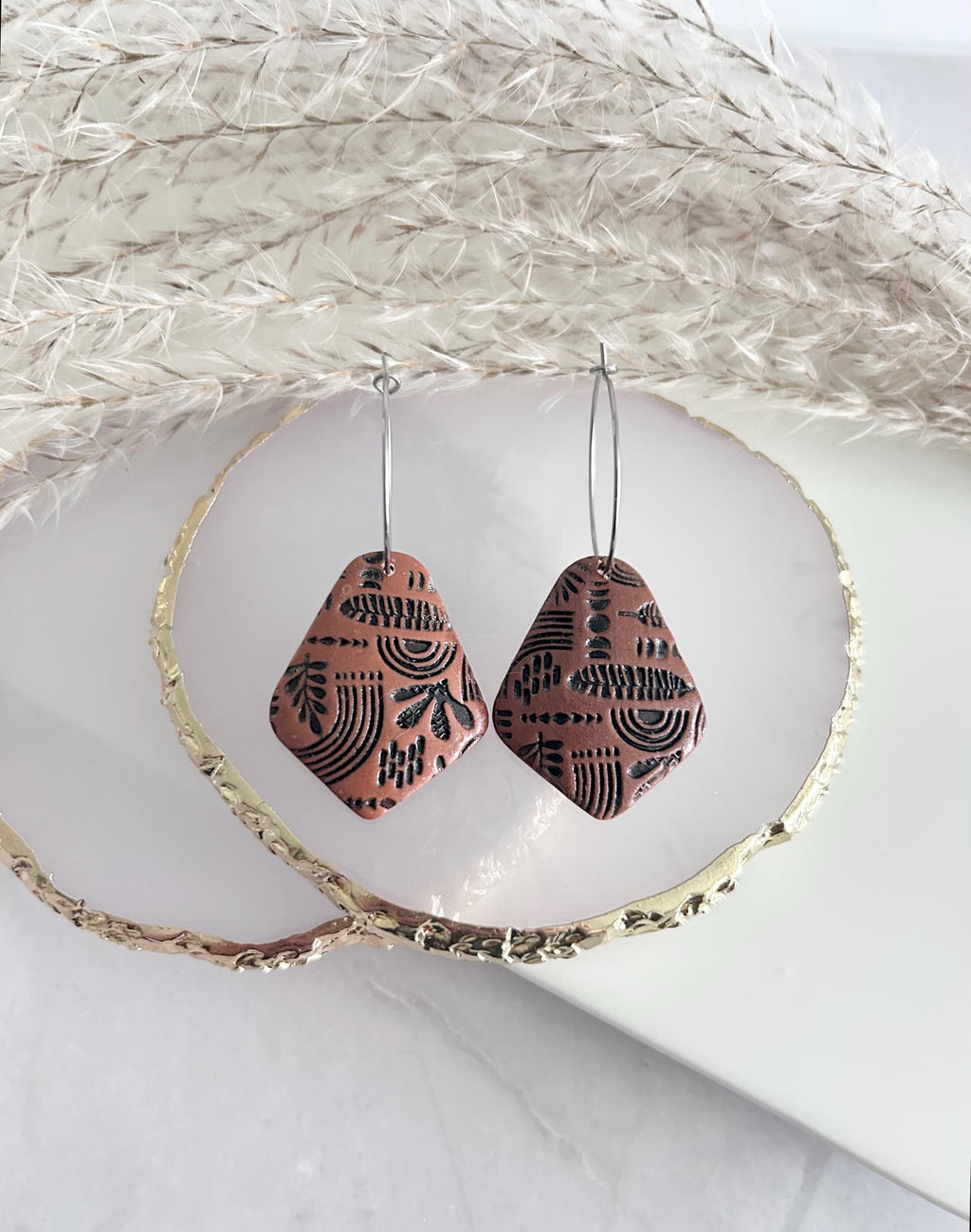 Brown & Black Boho Earrings, Embossed Folk Dangles, Clay Wood Faux Leather Fall Terracotta Mexican
