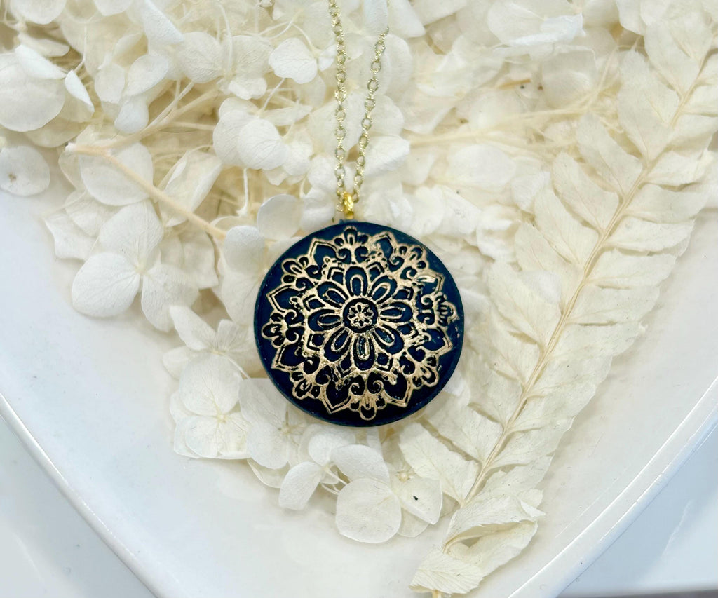 Dark Navy Blue Clay Necklace, Gold Mandala Embossed Pendant, Handmade Fashion Boho Jewelry