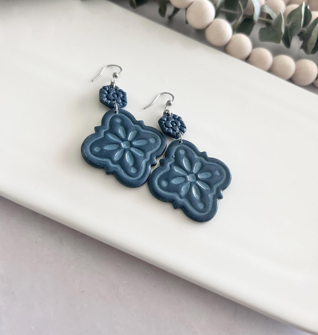 Dark Teal Blue Statement Tile Dangle Earrings Handmade Jewelry Lightweight Vacation Gift