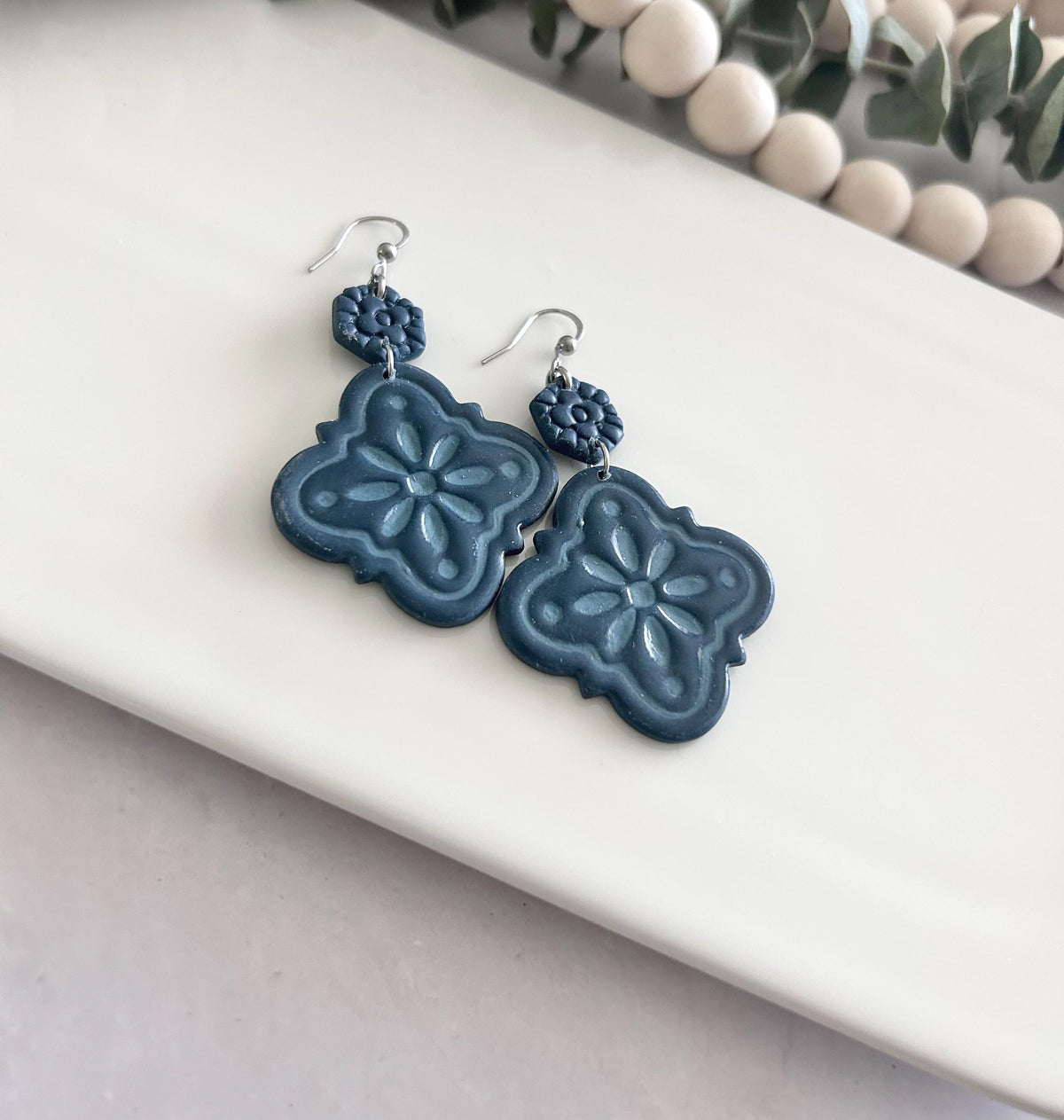 Dark Teal Blue Statement Tile Dangle Earrings Handmade Jewelry Lightweight Vacation Gift