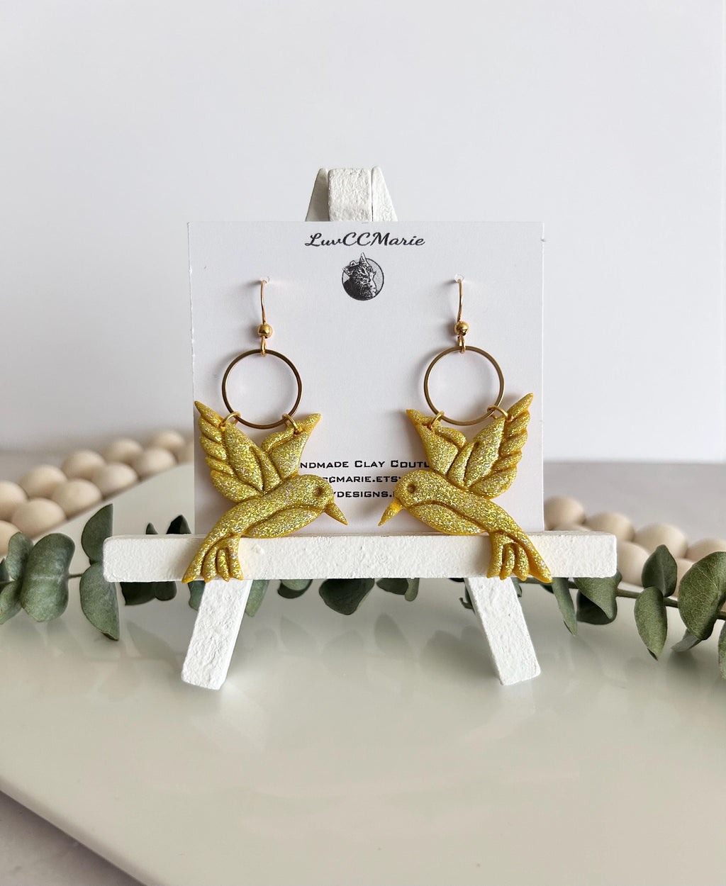 Hummingbird Earrings, Polymer Clay Bird Jewelry, Yellow Summer Garden Gift