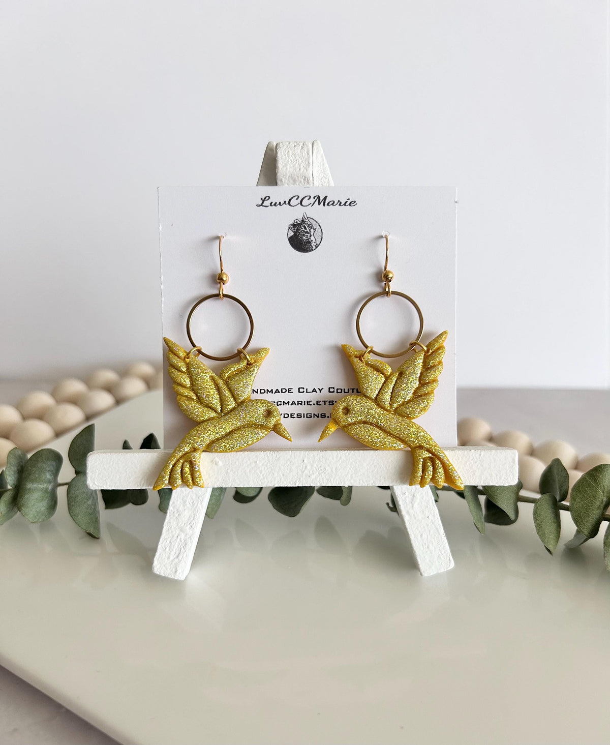 Hummingbird Earrings, Polymer Clay Bird Jewelry, Yellow Summer Garden Gift