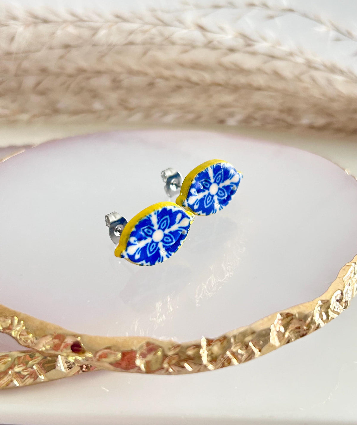 Handmade Lemon Santorini Tile Stud Earrings, Blue White Polymer Clay, Mediterranean Jewelry