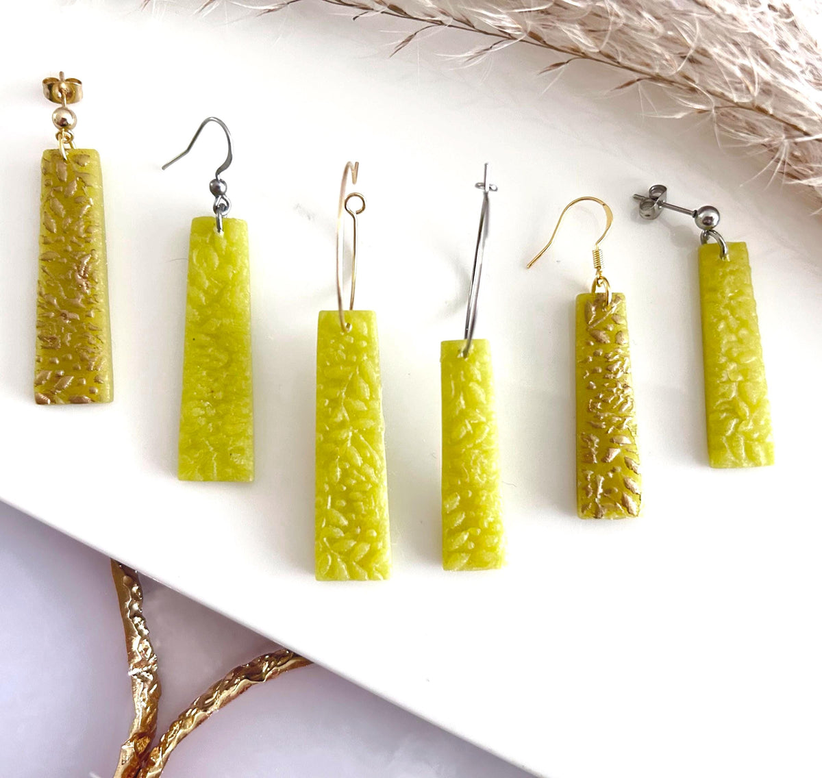 Gold Yellow Earrings, Floral Vine Rectangle Dangles, Chartreuse Citrus Green Drops, Delicate Leaf Fall Jewelry