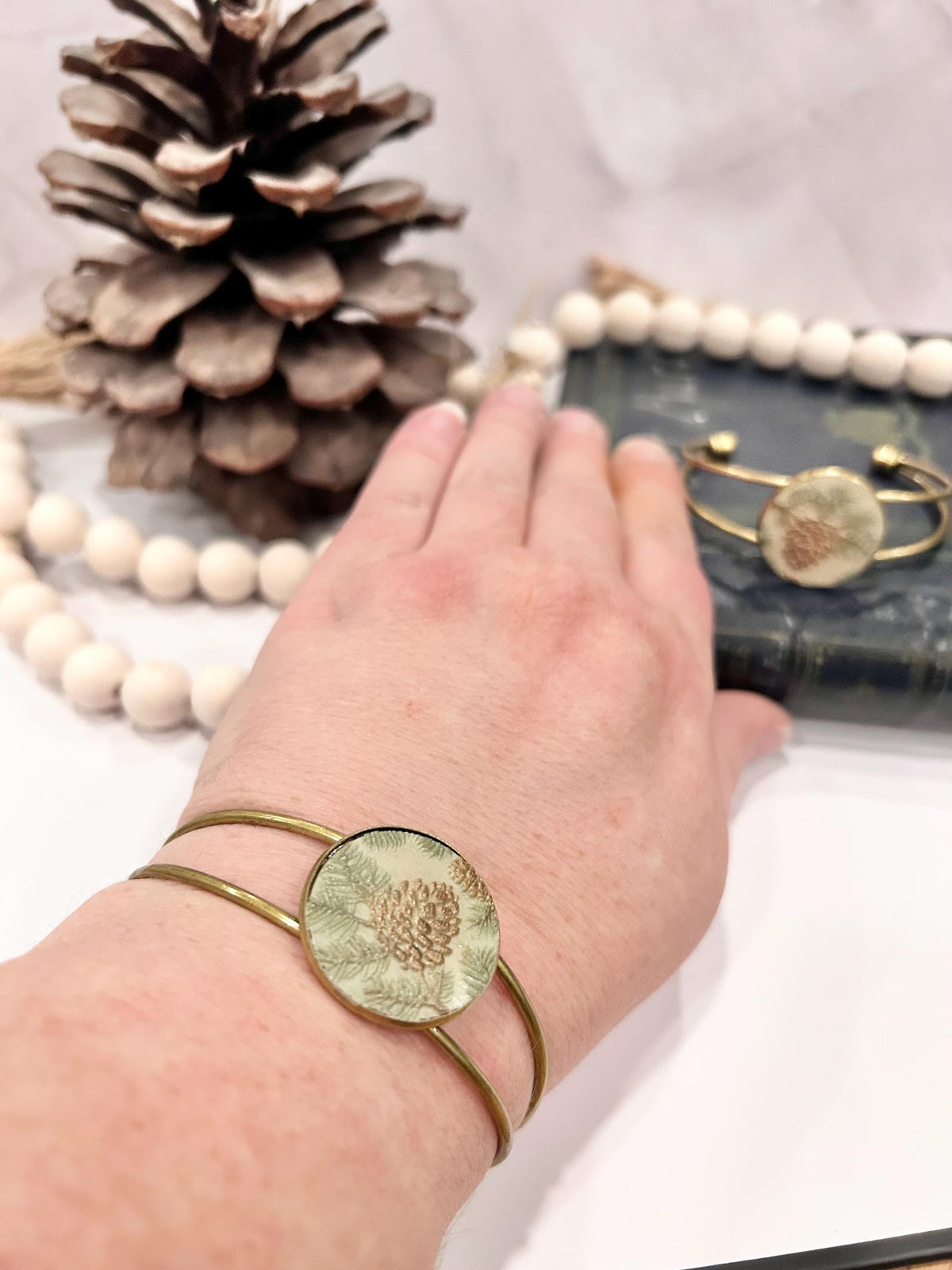 Sage Bracelet, Pine Cone Floral Cuff, Handmade Fashion Boho Jewelry