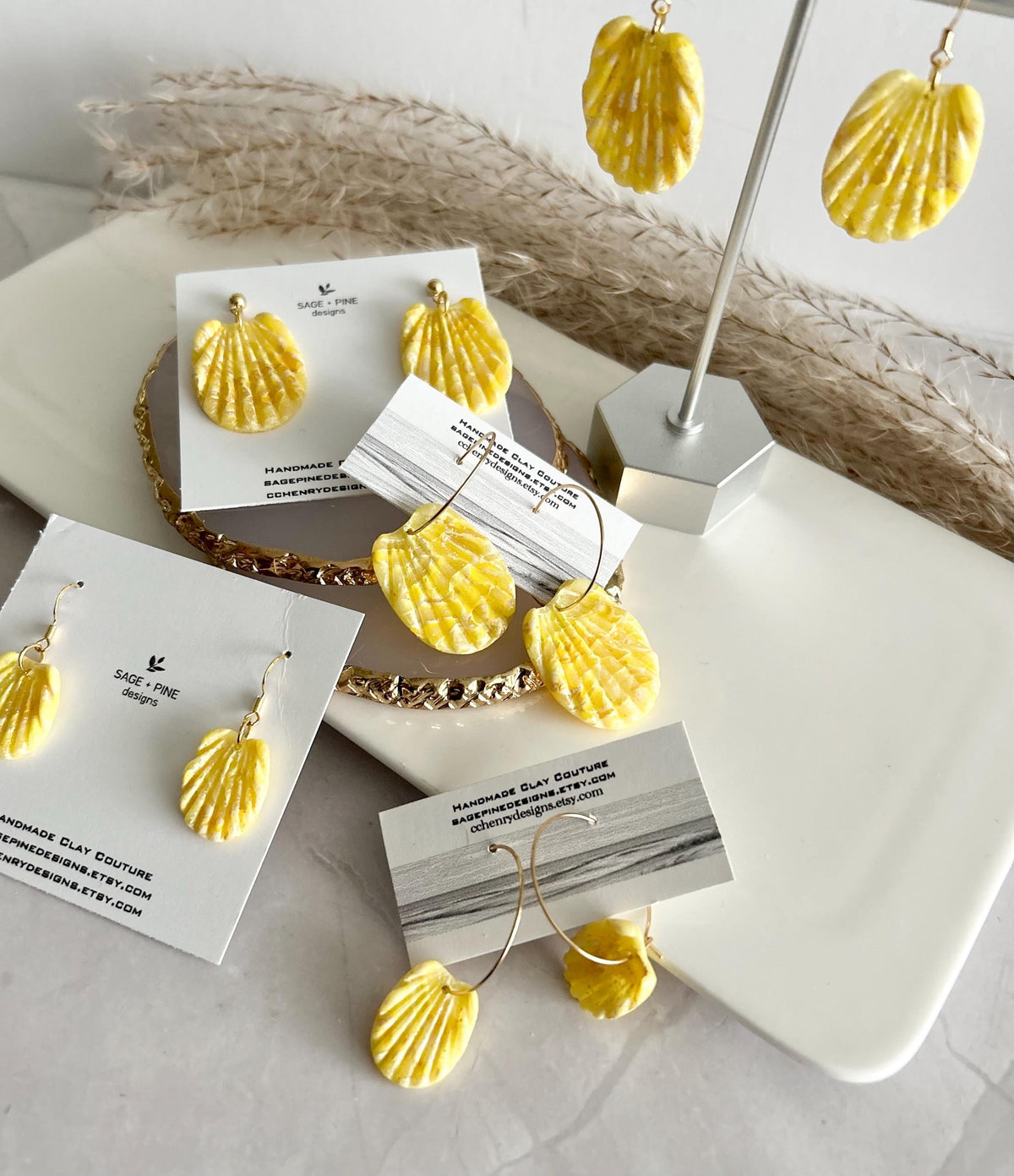 Handmade Clay Butter Yellow Shell Earrings, Seashell Hoop Dangles, Coastal Vacation Beach Jewelry