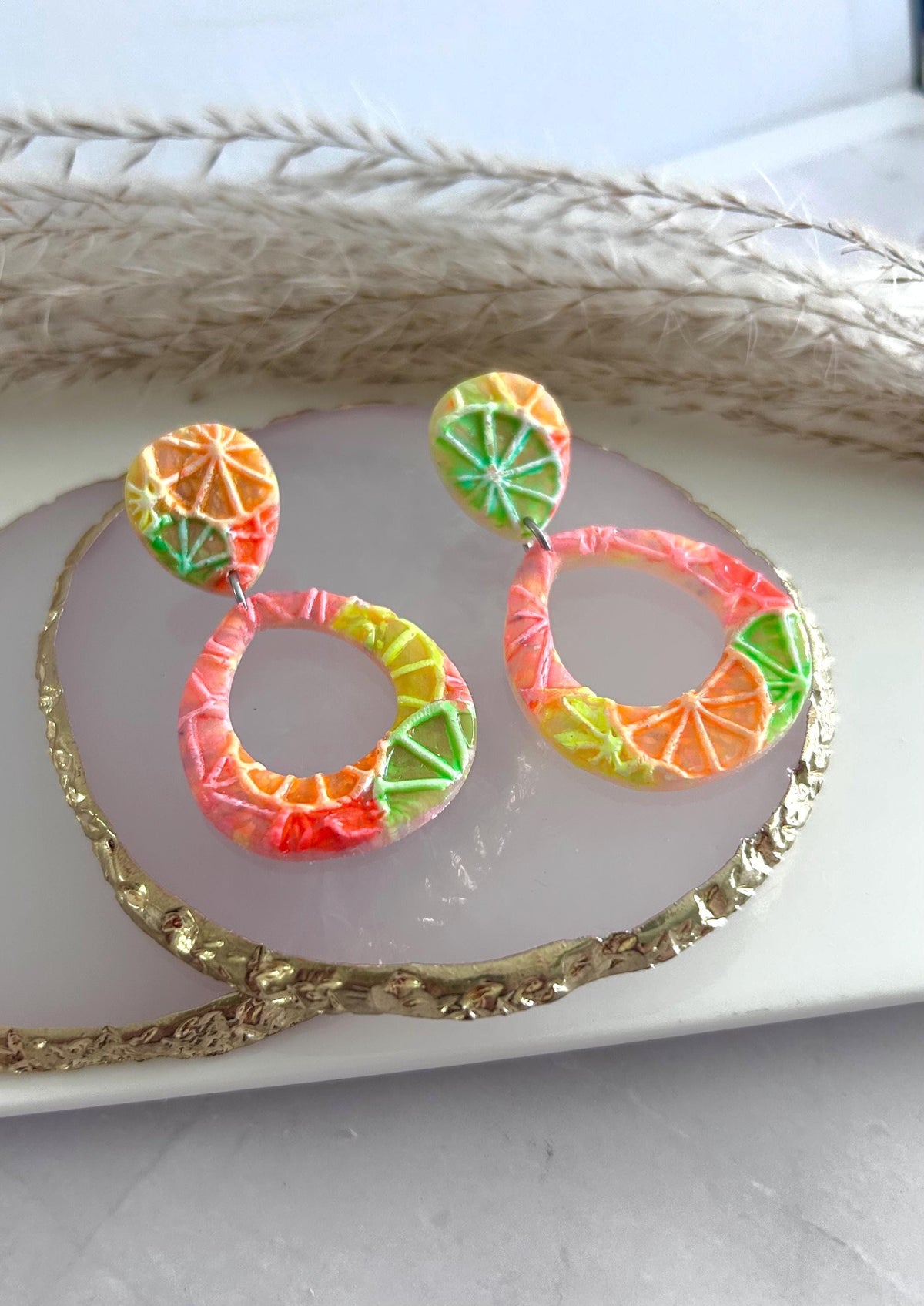 Neon Orange Slice Foodie Earrings, Grapefruit, Lemon, Lime, Unique Handcrafted Dangles, 90s Statement Clay Jewelry