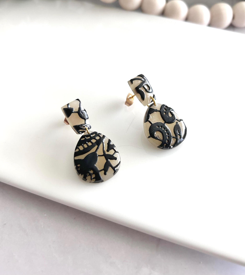 Black and Nude Lace Stud Drop Earrings, Elegant Wedding Clay Jewelry, Bridal Gift