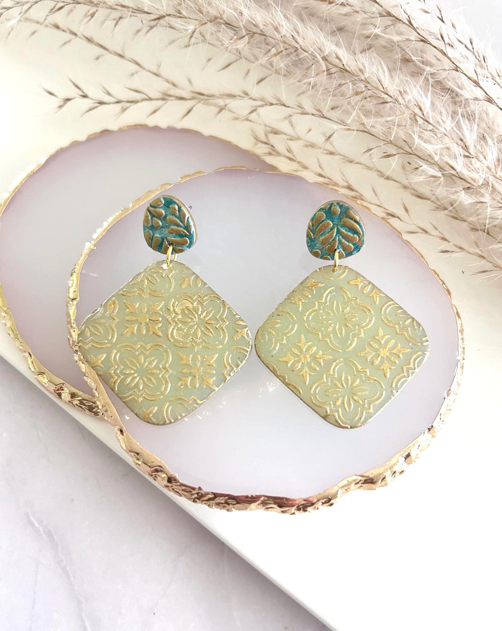 Gold & Sage Drop Studs, Santorini Earrings, Statement Arches, Holiday Jewelry