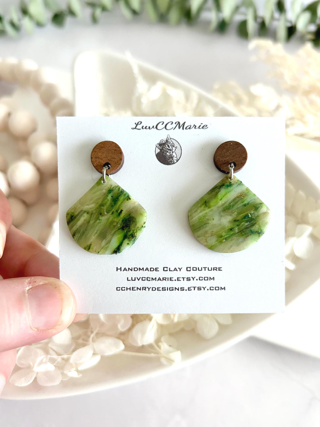 Moss Green Drop Earrings, Olive Army Clay and Wood Lightweight Dangles, Handmade Jewelry Gift