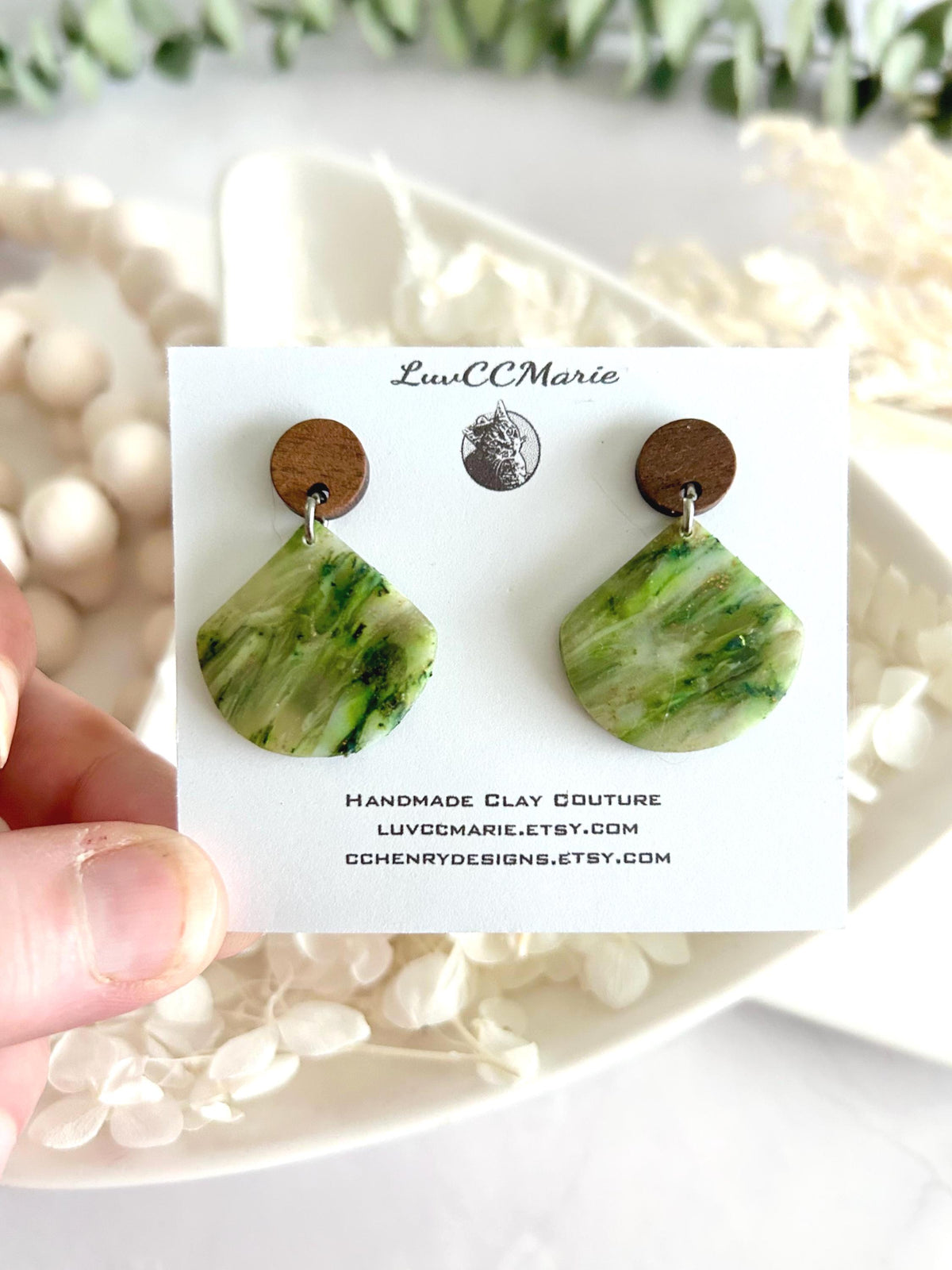 Moss Green Drop Earrings, Olive Army Clay and Wood Lightweight Dangles, Handmade Jewelry Gift