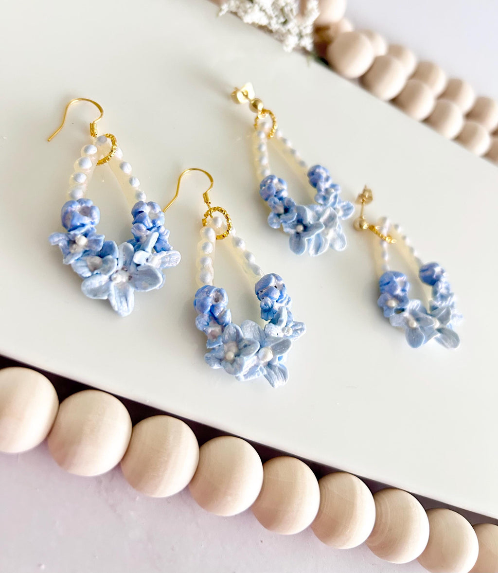 Blue Dangle Flower Earrings, Big Floral Drop Dangles, Iridescent Pearl Unique Statement Jewelry Gift
