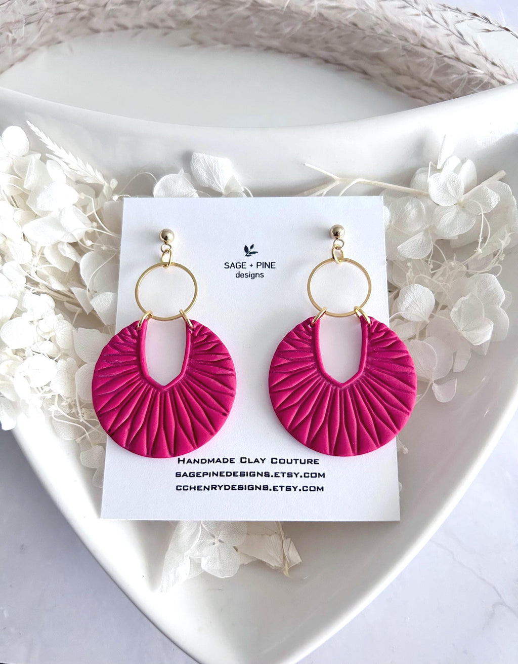 Matte Red Boho Earrings, Black and Gold Hoop Dangles, Handmade Clay Jewelry Gift