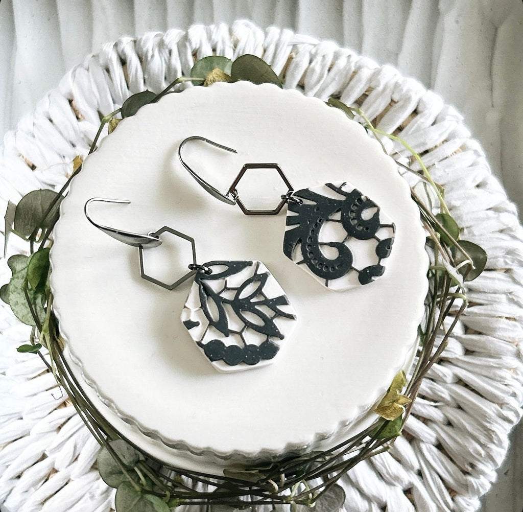 Charcoal Lace Hexagon Hoop Dangle Earrings, Boho Bridal Handmade Jewelry