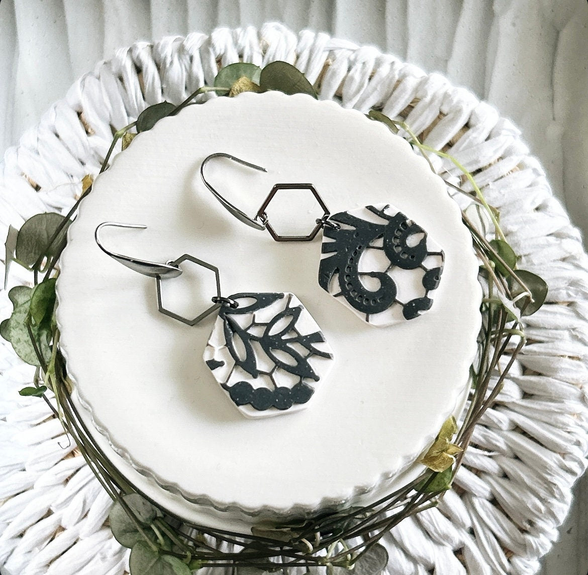 Charcoal Lace Hexagon Hoop Dangle Earrings, Boho Bridal Handmade Jewelry