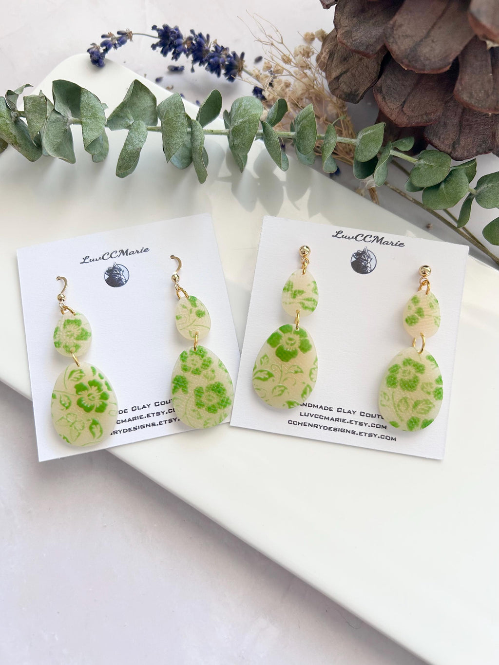 Bright Green and Sheer Cream Floral Clay Dangle Earrings, Handmade Jewelry