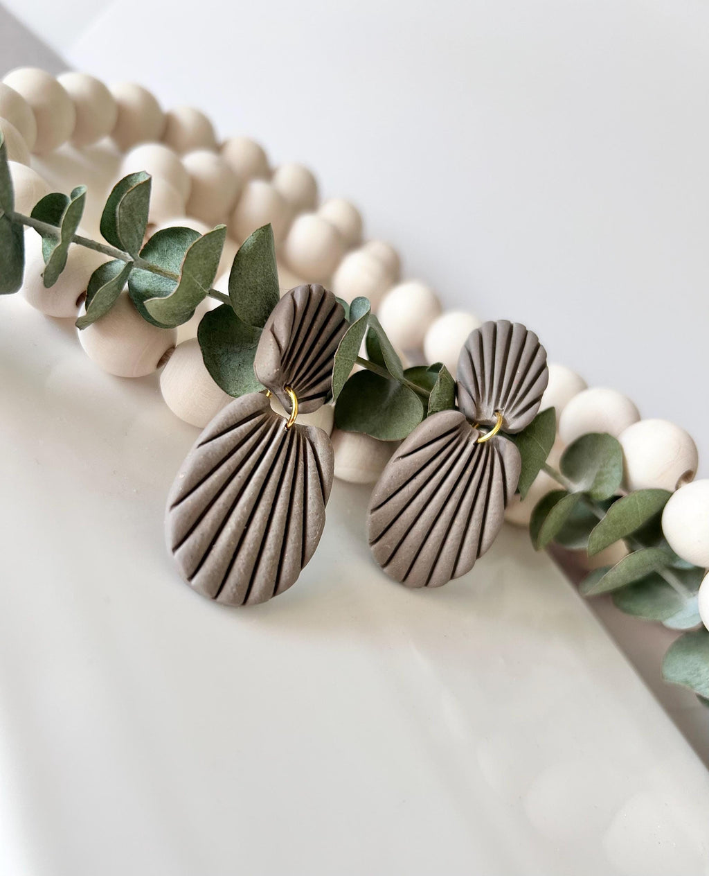 Khaki Neutral Seashell Earrings, Stud Drop Dangles, Coastal Beach Vacation Clay Jewelry, Hypoallergenic Lightweight